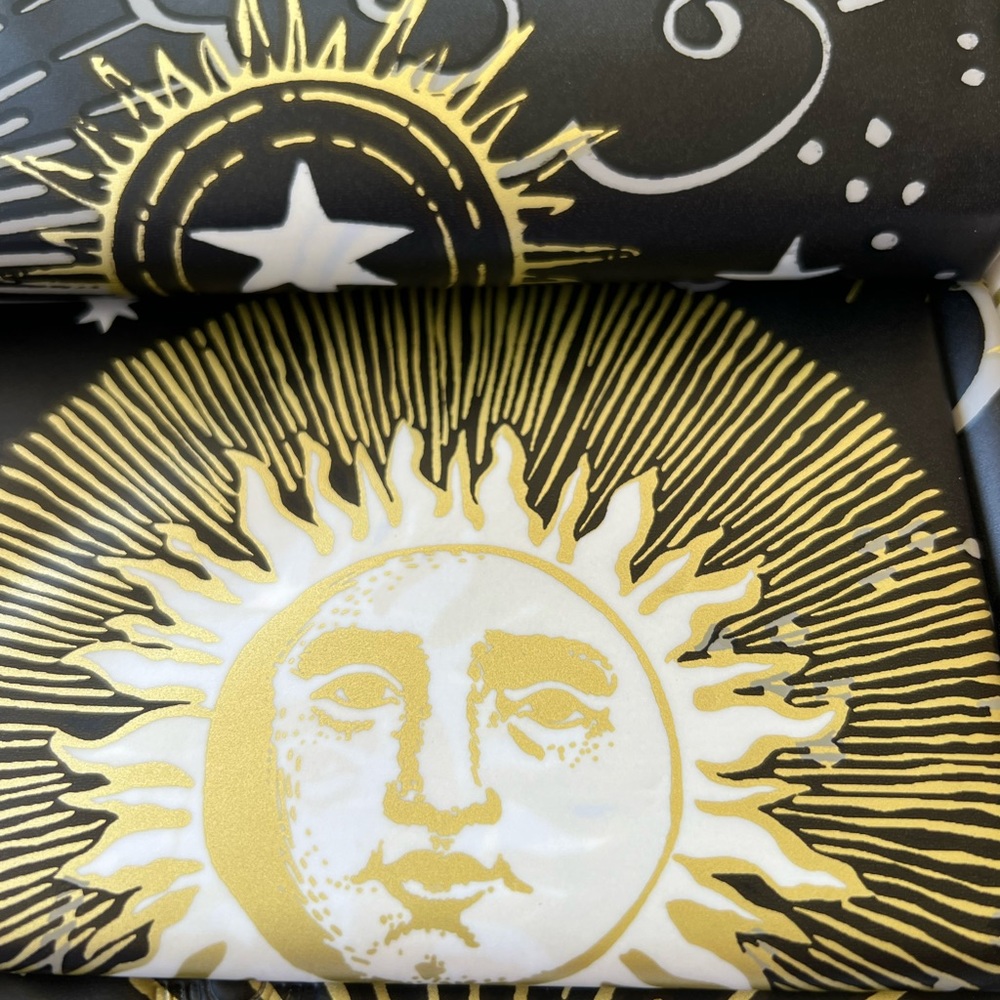 Cosmic Sun Moon Stars Peva Shower Curtain Black Gold White Mystical